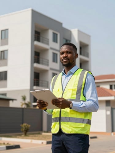 Portrait of a Ghanaian property inspector in a high-visibility vest standing in front of a modern Spintex development, holding a clipboard and tablet under bright natural Ghanaian sunlight.