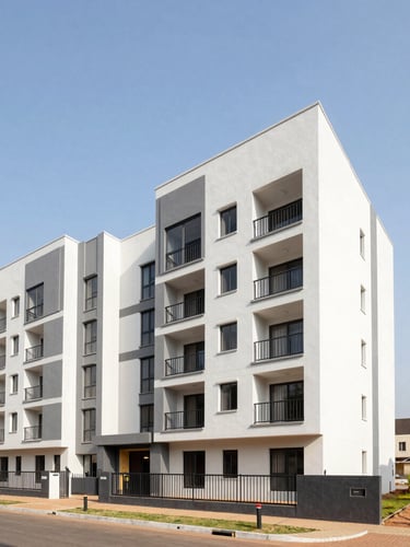 Wide-angle architectural photograph of modern residential development in Accra, bright natural Ghanaian sunlight, clean lines, high-trust editorial feel