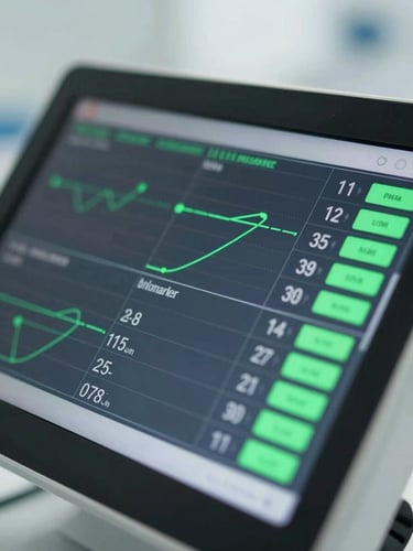 Macro close-up of a high-tech biomarker dashboard displaying clean data visualizations, soft glowing green metrics, bright clinical daylight, shallow depth of field.