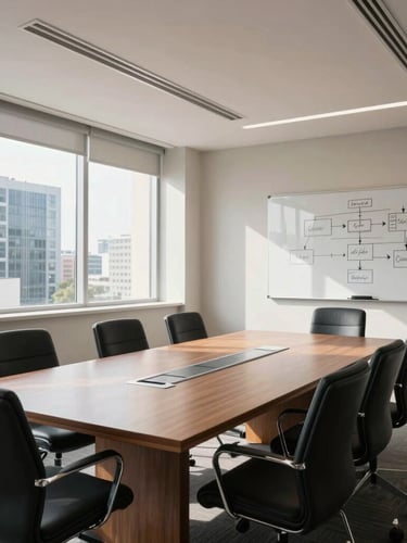 Medium-wide shot of a bright, structured meeting room in a Conakry business district, natural high-contrast daylight, clean architectural lines, a whiteboard with process diagrams visible in the background.