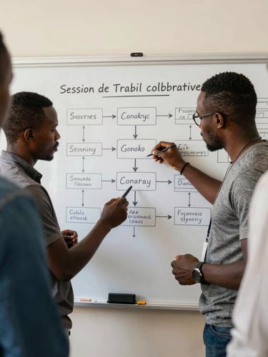 Session de travail collaboratif à Conakry, ingénieurs et cadres guinéens analysant un diagramme de flux sur un tableau blanc, lumière naturelle du jour.