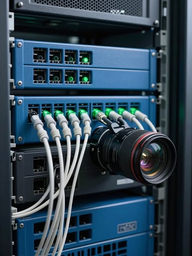 Vue rapprochée d'un rack de serveurs d'entreprise dans un centre de données propre à Conakry, câblage structuré bleu et voyants d'activité verts, éclairage naturel contrasté.