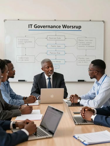 Medium-wide shot of a professional IT governance workshop in Conakry, structured whiteboard with flowcharts, Guinean professionals discussing around a table, bright natural daylight.