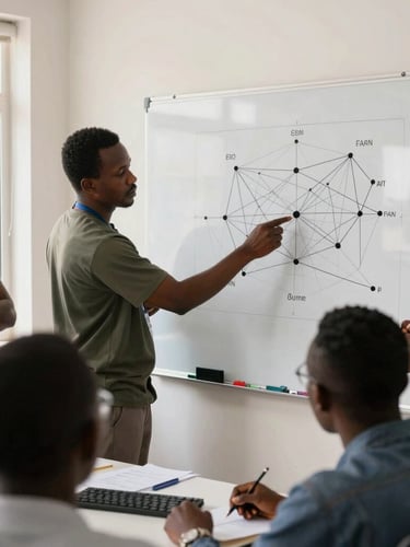 Medium-wide shot of a collaborative IT workshop in Conakry, Guinean engineers analyzing network architecture diagrams on a whiteboard, bright natural daylight, technical and professional atmosphere.