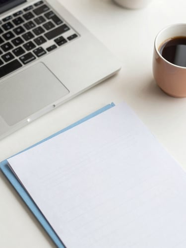 Overhead flat-lay of a clean modern desk with a laptop, neat paper documents, and a warm ceramic coffee cup under soft natural overcast daylight.