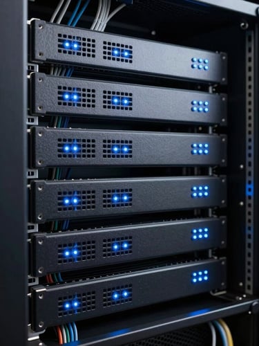 Macro shot of a clean, modern server rack with blinking blue LED indicator lights, structured cabling, cool studio lighting, precise composition.