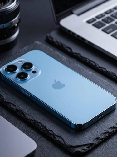 Macro shot of premium smartphones and laptops neatly arranged on a dark slate surface, cool electric blue backlighting, technical precision, high-end tech aesthetic.