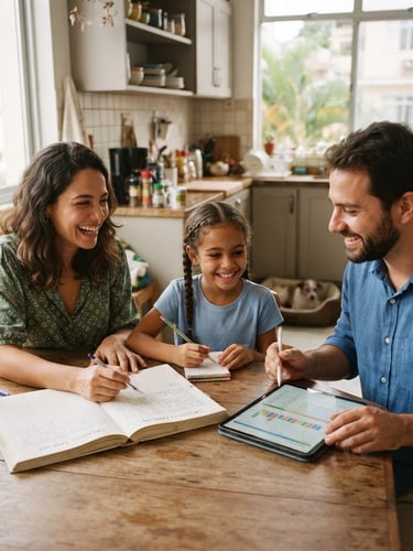Wide shot of a Brazilian family (mother, father, child) happily organizing a home budget on a kitchen table, using a notebook and a tablet, bright natural daylight, soft shadows, warm tones, clean editorial photography, soft green and blue accents, realistic domestic setting, 35mm