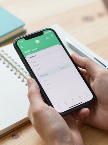 Close-up of hands holding a smartphone displaying a simple budgeting app, with a notebook and pen on a wooden table, bright natural daylight, soft green and blue accents, domestic setting.