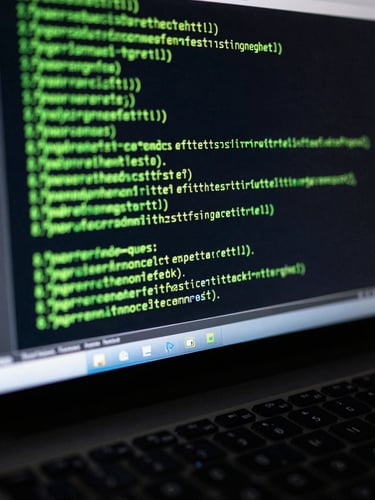 Extreme close-up of a terminal screen displaying scrolling penetration test command output in green monospace text, keyboard edge visible at bottom, cool side-lit studio light, dark background, high contrast