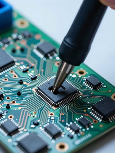 Extreme close-up of a circuit board under active hardware debug, JTAG probe clipped to test pads, green and copper PCB traces filling the frame, cool blue-white lab lighting casting sharp shadows across component legs, left-side composition with dense trace detail