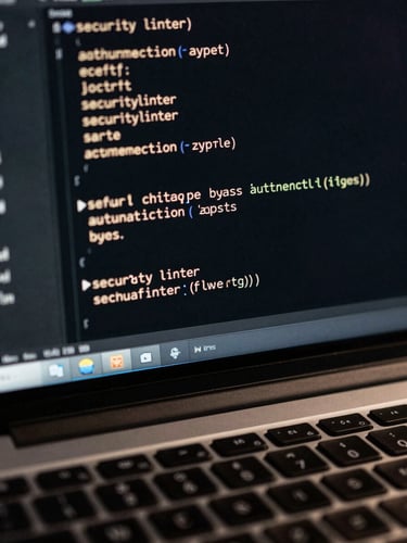 Extreme close-up of a laptop screen in a dark lab environment showing lines of source code with a security linter flagging an authentication bypass, cool side-lit studio light casting a hard shadow from the keyboard housing, near-black background, code text in pale amber monospace