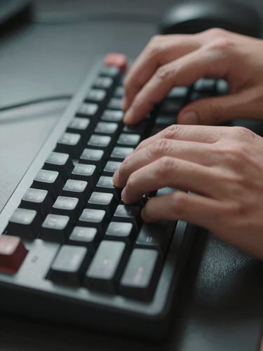 Hands of an operator at a mechanical keyboard, terminal screen reflected faintly in a dark glass surface below, cool side-lighting from the left, extreme close-up on fingers and key caps, no face visible