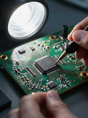 Extreme close-up of a circuit board under bright side-lit studio light, solder joints and IC chip traces sharply in focus, deep shadows in the background, hands in the lower frame holding a probe tool, cool laboratory lighting
