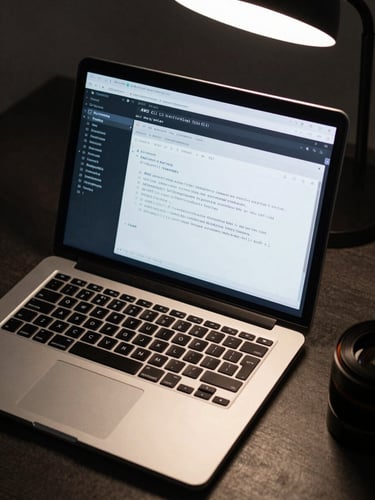 Flat lay of an open laptop displaying a terminal window with AWS CLI output and IAM policy JSON, keyboard in sharp focus, cool overhead studio lighting, dark desk surface, no faces
