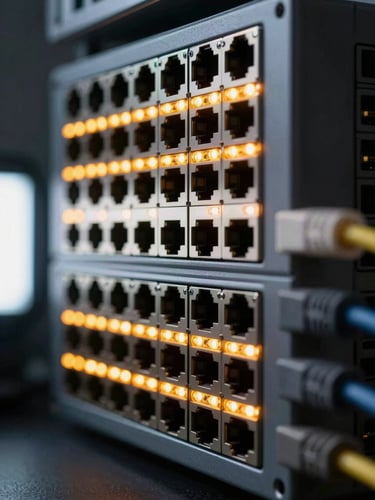 Extreme close-up of a network switch faceplate, dense rows of Ethernet ports and blinking amber status LEDs, side-lit from the left with cool studio light, cables entering from the right edge, dark background
