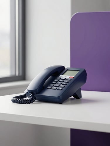 A modern London office desk with an unanswered desk phone, soft window light, clean minimalist aesthetic, 35mm photography