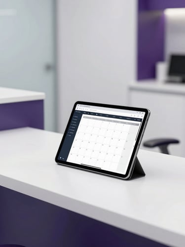 A clean modern dental clinic reception desk, soft morning light, a tablet displaying a calendar schedule, minimalist aesthetic, 35mm photography