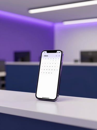 A clean modern office reception desk in London with a smartphone displaying a calendar booking confirmation, soft purple and navy blue ambient lighting, sharp focus, 35mm