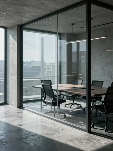 High-contrast portrait photograph of a minimalist concrete and glass corporate boardroom, cool cinematic lighting, sharp shadows