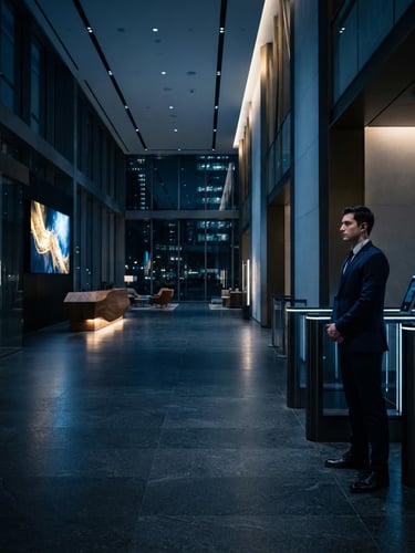 Wide shot of a modern corporate building lobby with clean lines, a professional security guard in a sharp, tailored navy uniform standing discreetly by a high-tech access control terminal, dramatic low-key lighting with cool blue ambient light and subtle golden accents, architectural framing.