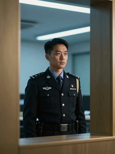 Professional security personnel in a sharp dark uniform, focused and alert, standing in a modern corporate environment, dramatic low-key lighting, cool blue ambient light, architectural framing, sharp focus.