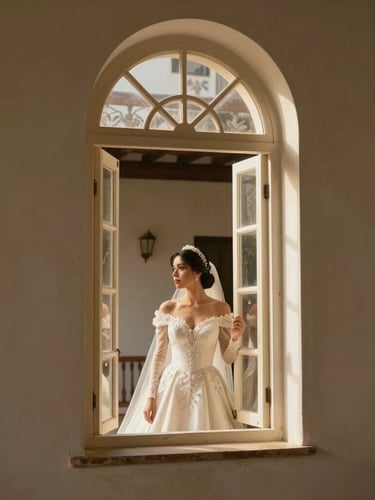 A stunning bride looking out a tall arched window of a historic colonial estate in Honduras, soft window light illuminating her face, rich contrast, timeless elegance