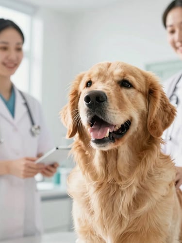 Bright high-key photography of a happy golden retriever looking up at a veterinarian in a modern sunlit clinic, 35mm