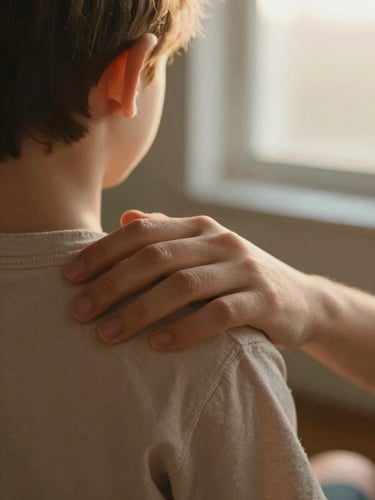 An intimate close-up of a parent's hand gently resting on a child's shoulder, warm golden-hour light from a nearby window, soft focus background.