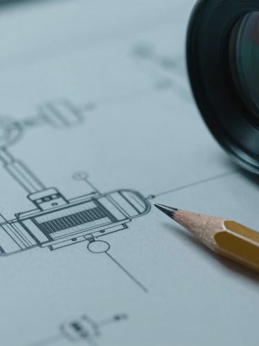 Macro close-up of high-precision technical schematics on a drafting table, cool industrial blue lighting with sharp gold pencil lines, shallow depth of field.