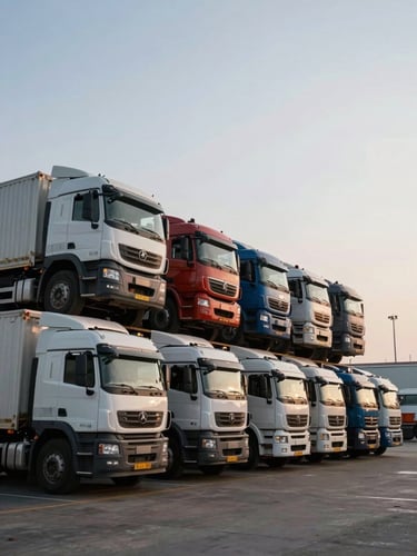 Wide environmental shot of a fleet of car-carrier transport trucks parked in a yard in early morning light, vehicles loaded on the upper and lower decks, overcast sky, no people visible, industrial logistics setting