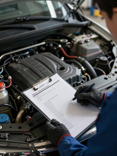 Close-up overhead shot of a vehicle engine bay open on a hydraulic lift, a technician's gloved hand holding an inspection checklist clipboard, diagnostic equipment cables visible, cool workshop daylight, no faces shown