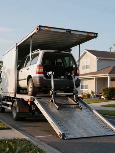 Documentary shot of a vehicle being unloaded from a transport ramp onto a residential street, ramp lowered, clear morning daylight, no faces, focus on the mechanical process of unloading
