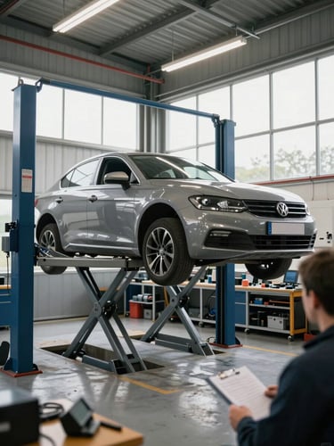 Wide environmental shot inside an organized Belgian automotive workshop, a used sedan elevated on a hydraulic lift mid-inspection, technician with clipboard visible at lower frame, natural north-facing daylight through industrial windows, tools and diagnostic equipment on workbench in background, documentary framing