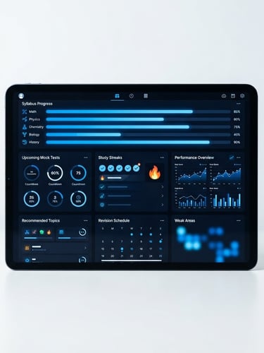 Crisp digital product mockup of a tablet displaying a clean, organized exam preparation dashboard interface with syllabus progress bars, dark blue theme, 50mm