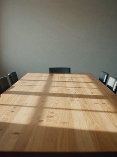 Wide, cinematic environmental shot of an empty, structured meeting space with a heavy oak table, sharp architectural shadows from side window light, desaturated warm tones, 35mm film grain.