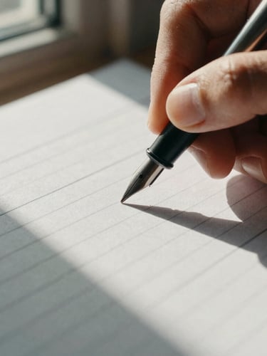 Macro close-up of a hand marking a printed research document with a fountain pen, structured grid lines visible on paper, natural side window light, deep shadows, desaturated warm tones.