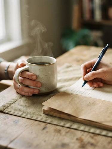 Close-up of hands holding a warm coffee mug and writing in a simple notebook on a wooden table, soft natural window light, muted earth tones, authentic everyday domestic setting, 35mm
