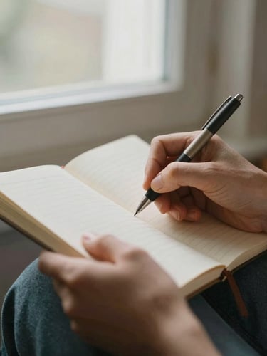 Close-up of hands writing in a worn notebook with a pen, soft natural window light, muted earth tones, authentic everyday domestic setting, 35mm, wide portrait aspect.