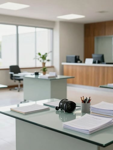 Wide environmental shot of the modern, bright consular orientation space in Monterrey, clean glass tables and organized document stations under daylight.