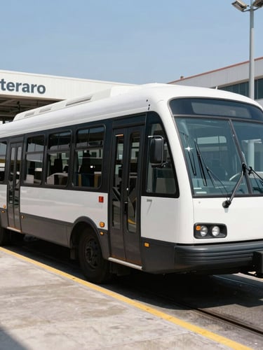 Wide environmental shot of a modern, clean transport shuttle parked at a secure transit terminal in Monterrey, bright natural daylight, high contrast, sharp details.