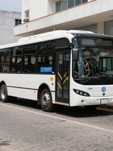 A modern passenger shuttle bus parked outside a clean, professional transit office in Monterrey, bright daylight, sharp focus.