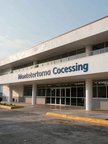 Wide environmental shot of the Monterrey consular processing hub, bright morning light, clean architectural lines, minimal composition.
