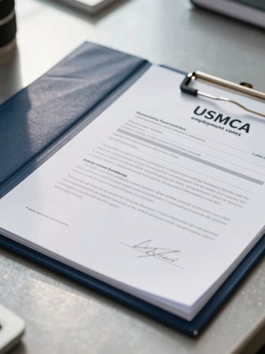 A crisp close-up of a professional navy blue folder containing verified USMCA employment contracts, resting on a clean steel desk under bright natural daylight.