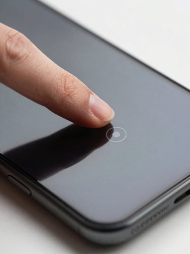 Extreme close-up from above: a thumb mid-tap on a single-screen Android UI on a dark phone, clean studio light with sharp shadows, minimal interface visible — one clear action button in the frame