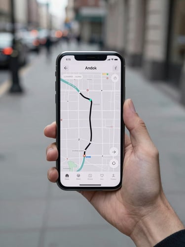 Wide shot of an Android phone held in one hand on a city sidewalk, screen showing a minimal transit map with a single highlighted route line, north-facing daylight, the hand and device sharp against a soft urban background