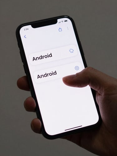 Close-up of a hand holding an Android phone, thumb hovering over a minimal UI with two visible options, clean studio light, sharp focus on the screen edge and thumb position