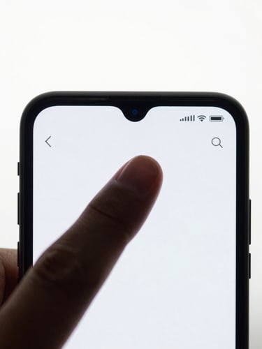 Extreme close-up of a thumb mid-tap on an Android phone screen, a minimal app UI visible in sharp focus, clean studio light with high contrast, white background, interaction detail front and center