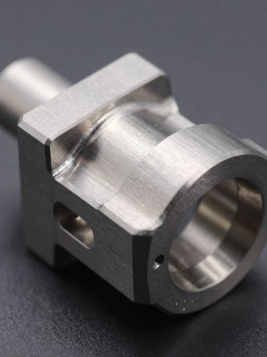 Macro detail shot of a CNC-milled titanium aerospace component with cool crisp studio lighting, sharp metallic highlights, and deep gray shadows.