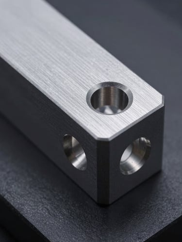 Macro detail shot of a CNC-milled aluminum aerospace bracket with clean metallic edges, cool laboratory lighting, deep gray tones.